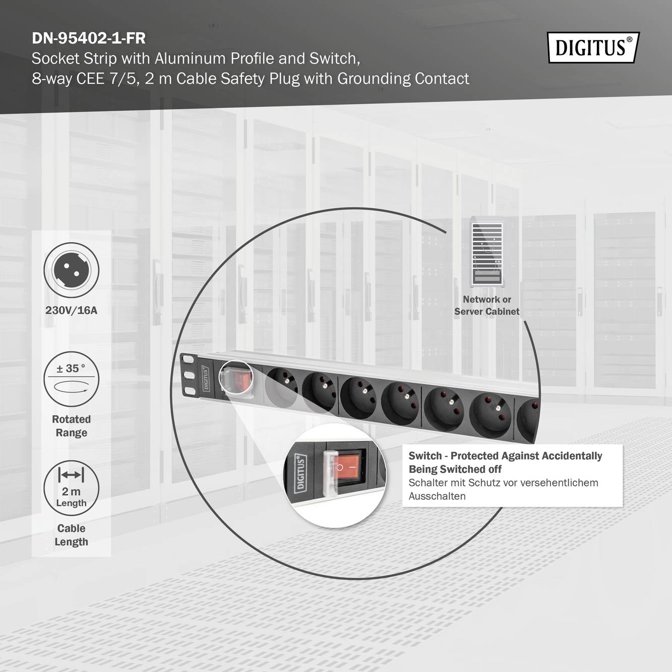 Digitus DN-95402-1-FR 19 Zoll 0 x Netzwerkschrank-Steckdosenleiste mit Schalter Schwarz