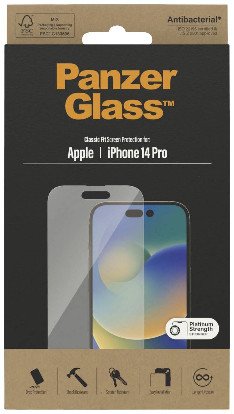 Verpackung von PanzerGlass Schutzfolie für Apple iPhone 14 Pro mit antibakteriellem Schutz und Platin-Stärke.
