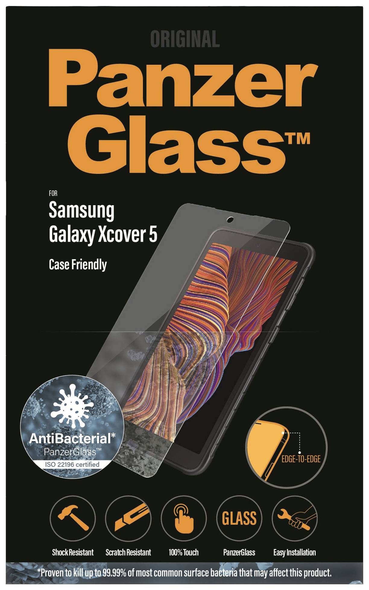 'PanzerGlass Original' Bild einer Schutzfolie für Samsung Galaxy Xcover 5, antibakteriell, kratzfest, glasähnlich, einfache Installation.