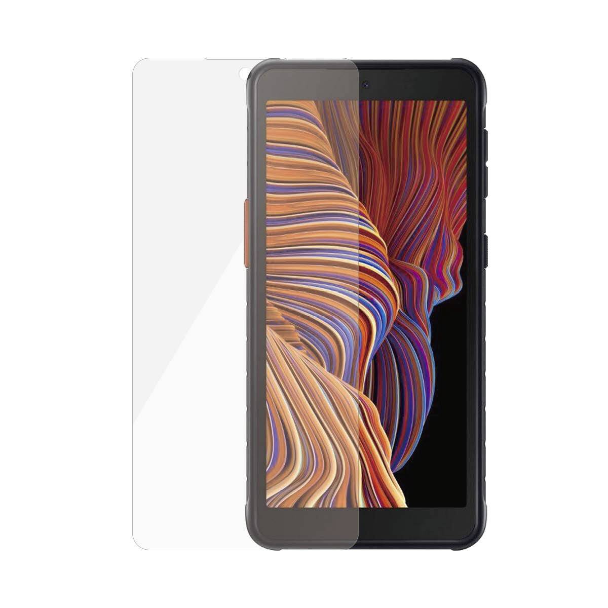 Ein Smartphone mit einem abstrakten, farbenfrohen Muster auf dem Bildschirm. Es wird von einer durchsichtigen Schutzfolie abgedeckt.