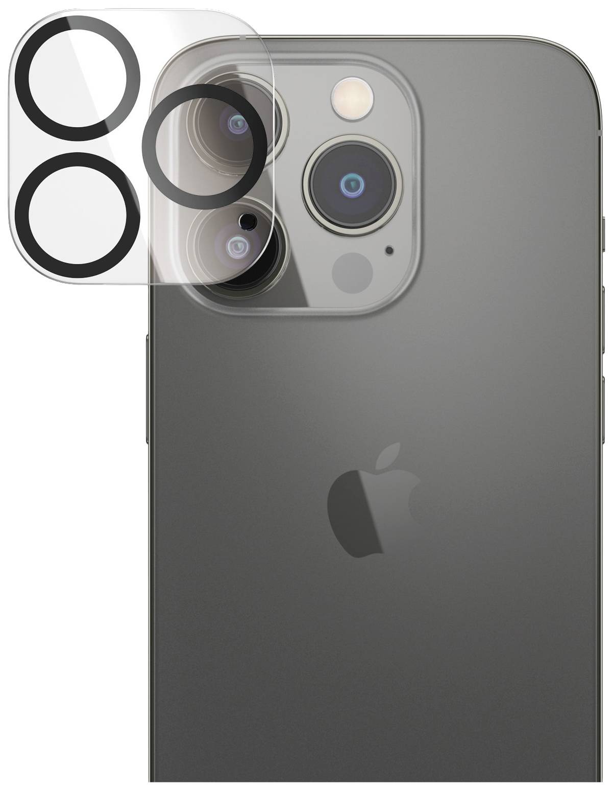 Ein Smartphone mit drei Kameralinsen auf der Rückseite, daneben eine klare Schutzfolie für die Linsen.