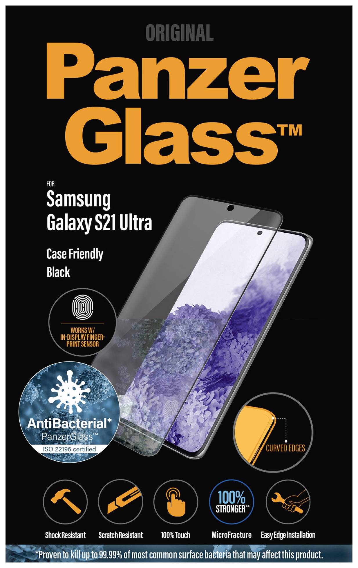 PanzerGlass für Samsung Galaxy S21 Ultra: stoß-, kratzfest, 100% klar, antibakteriell, einfache Installation, schwarze Hülle.
