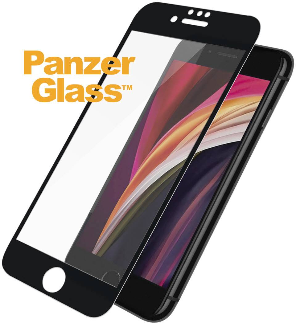 Das Bild zeigt ein Smartphone mit einem schützenden Glasbildschirm, der von 'PanzerGlass' stammt. Der Schutz erhöht die Haltbarkeit.