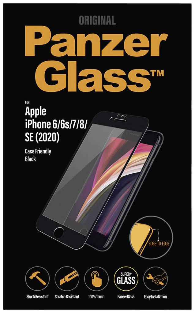 'PanzerGlass' Schutzfolie für Apple iPhone 6/6s/7/8/SE (2020), schwarz. Stoßfest, kratzfest, 100 % Touch, einfache Installation.