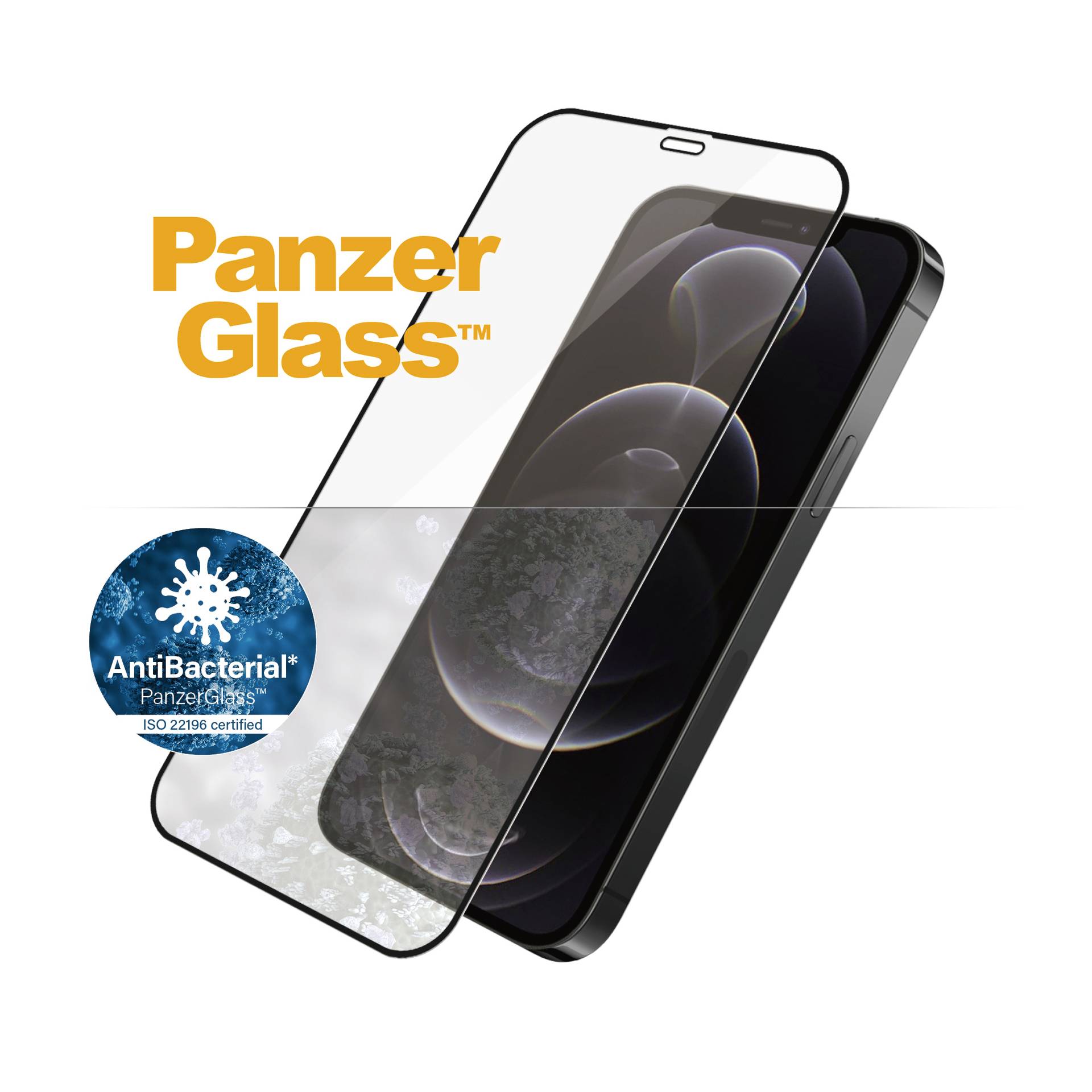 Ein Smartphone mit aufgesetztem Panzer Glass Schutzfolie. Links unten ein Logo mit dem Text 'AntiBacterial PanzerGlass™ ISO 22196 certified'.