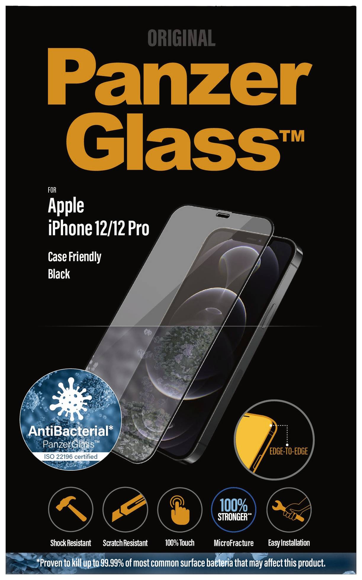 Verpackung eines Displayschutzes von Panzer Glass für Apple iPhone 12/12 Pro, mit antibakteriellen Eigenschaften und kratzfestem Glas.