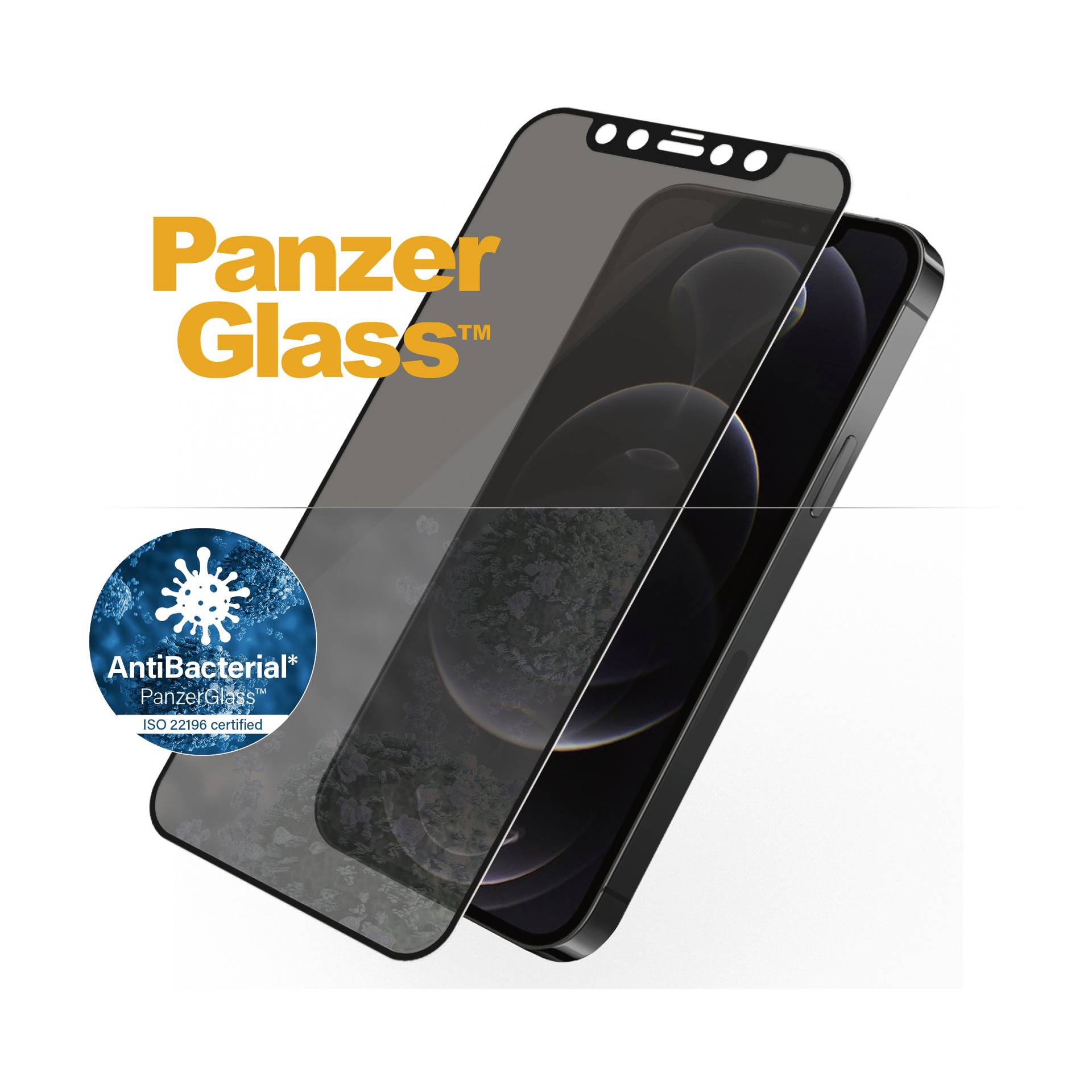 Displayschutzglas der Marke PanzerGlass auf einem Smartphone. Enthält ein antibakterielles Siegel mit ISO 22196 Zertifizierung.