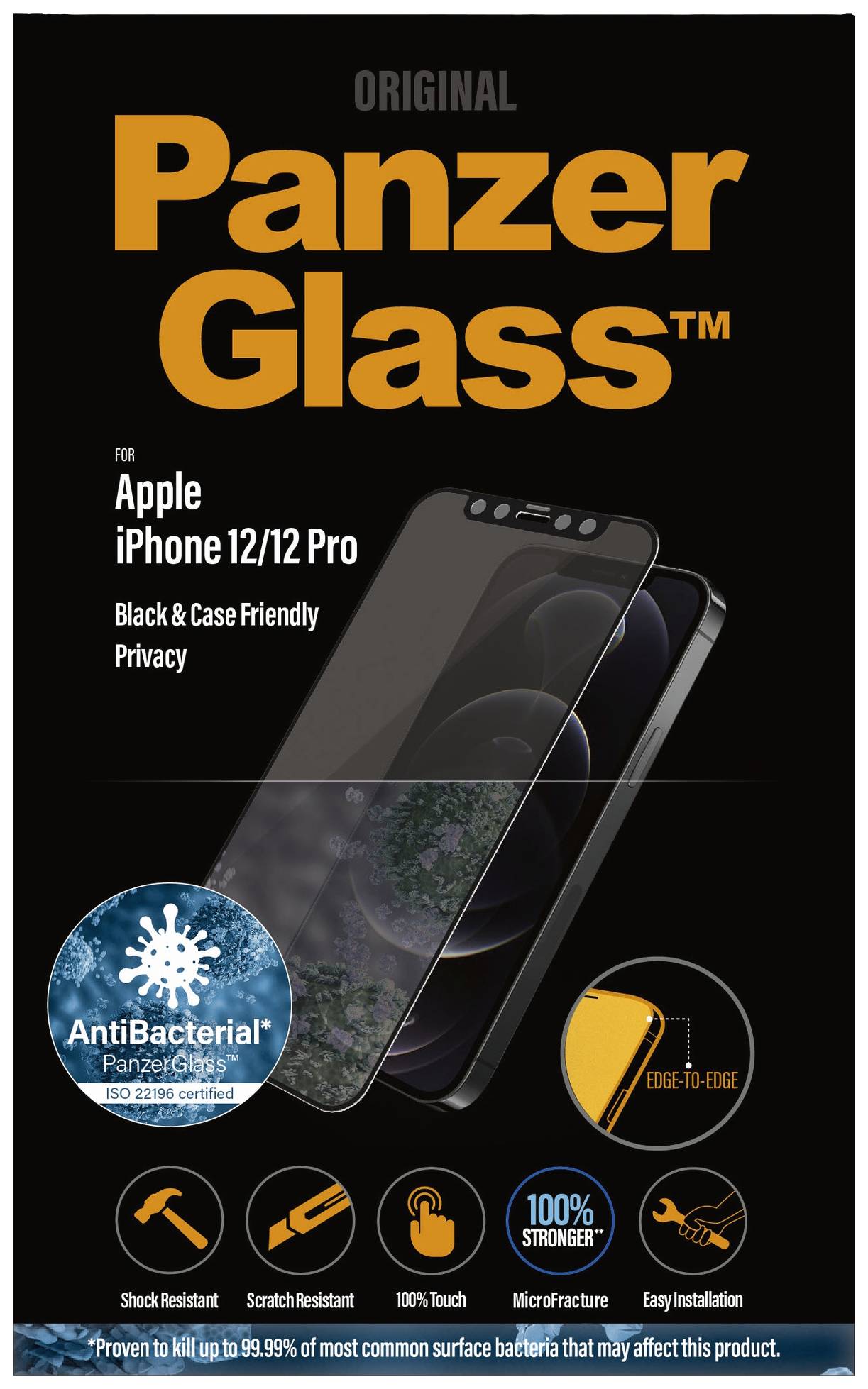Titel: Panzer Glass für Apple iPhone 12/12 Pro. Funktionen: kratzfest, antibakteriell, einfache Installation, vollständiger Schutz.