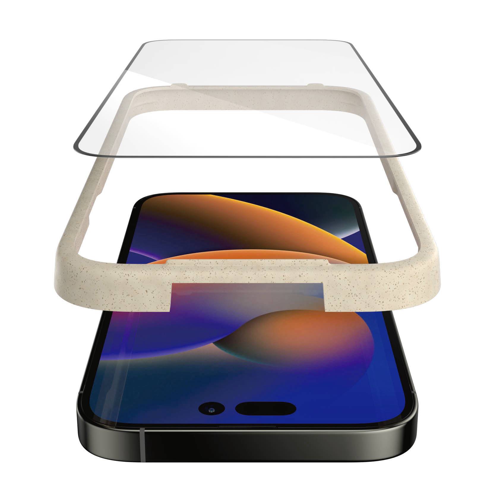 Explodierte Ansicht eines Smartphones mit Display, Schutzhülle und Bildschirmschutz. Zeigt, wie die Teile zusammenpassen.