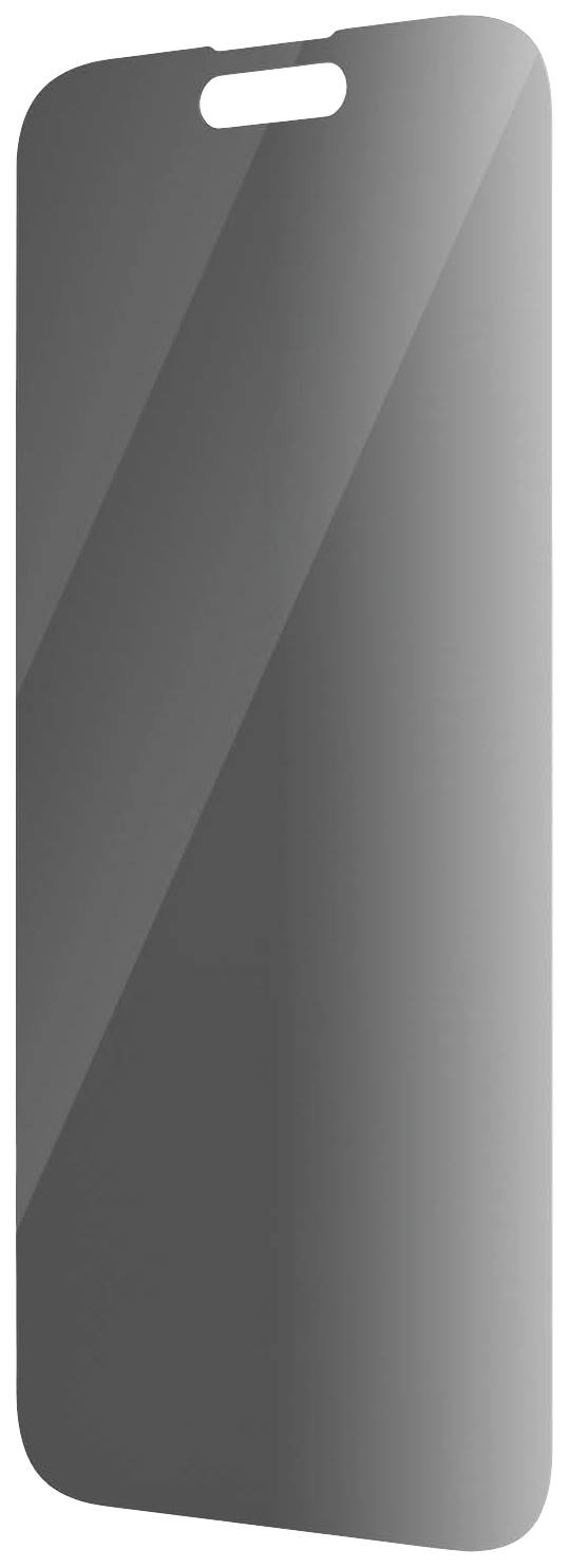 Displayschutzfolie für ein Mobilgerät, zeigt eine transparente, rechteckige Form mit abgerundeten Ecken und einem Ausschnitt für die Kamera.