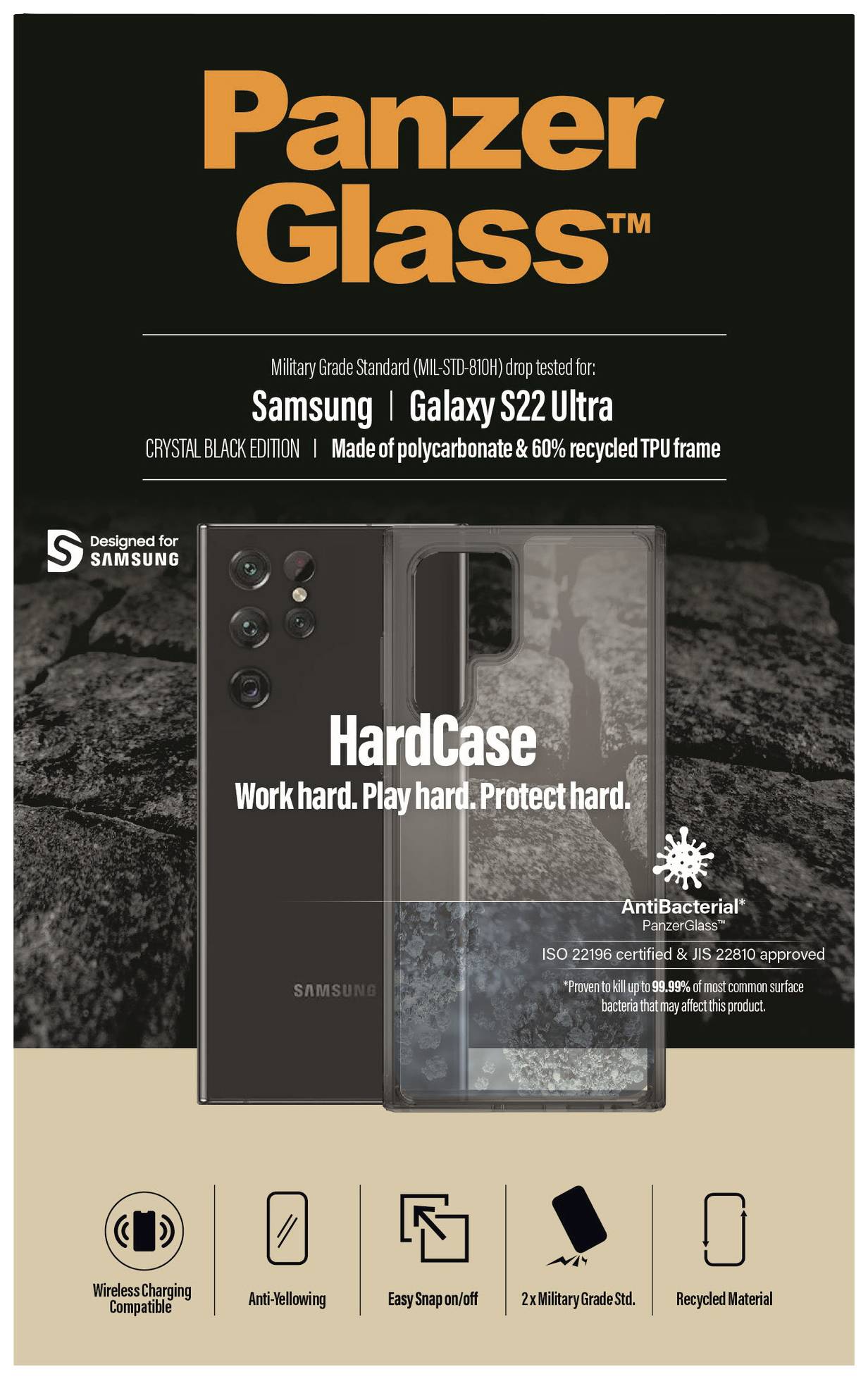 PanzerGlass HardCase Backcover Samsung Galaxy S22 Ultra Transparent, Schwarz Induktives Laden 373