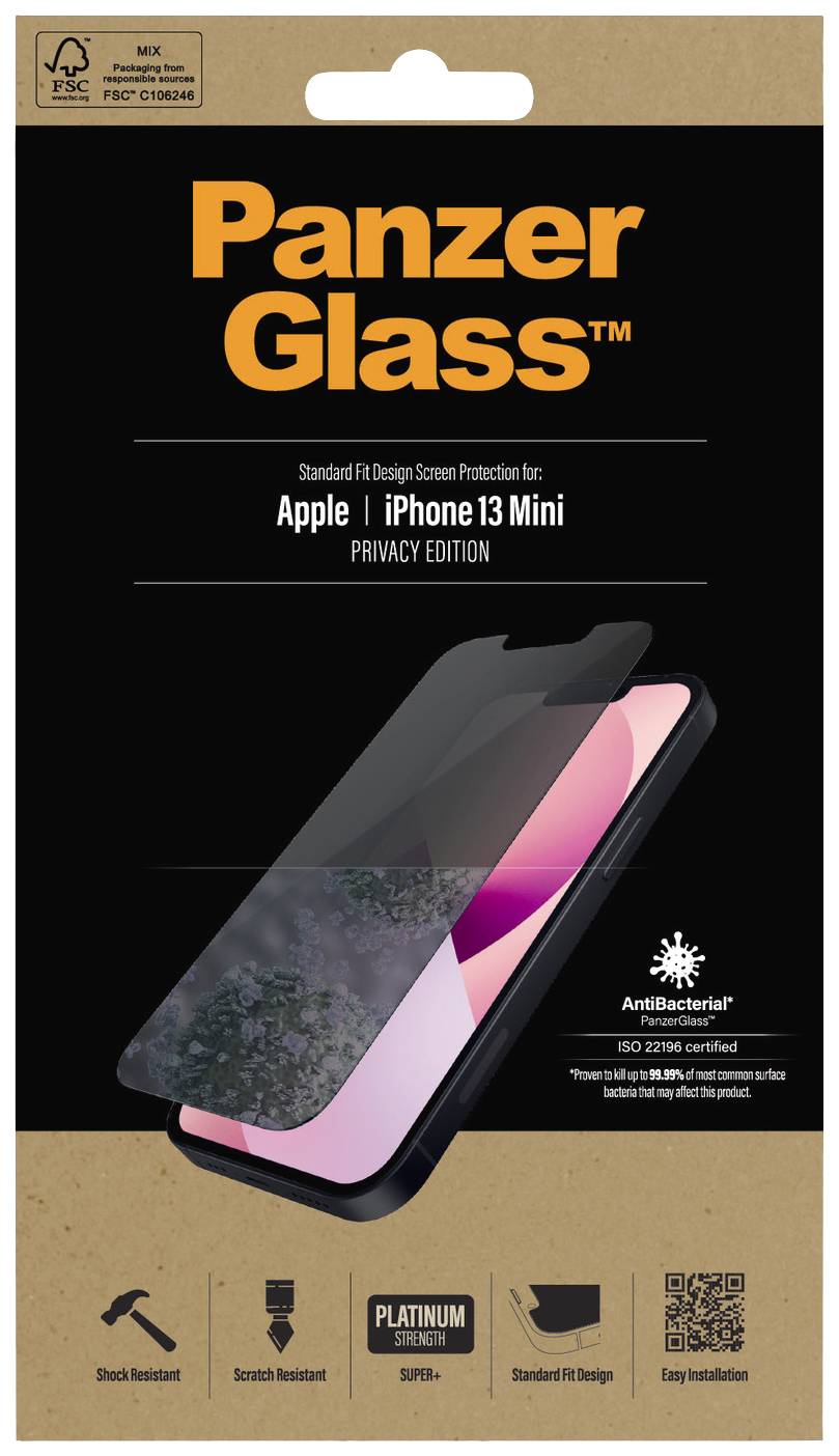 'PanzerGlass' Displayschutz für iPhone 13 Mini, Privacy Edition. Hält kratzfest, antibakteriell. Verpackung zeigt Handy mit Glasschutz.