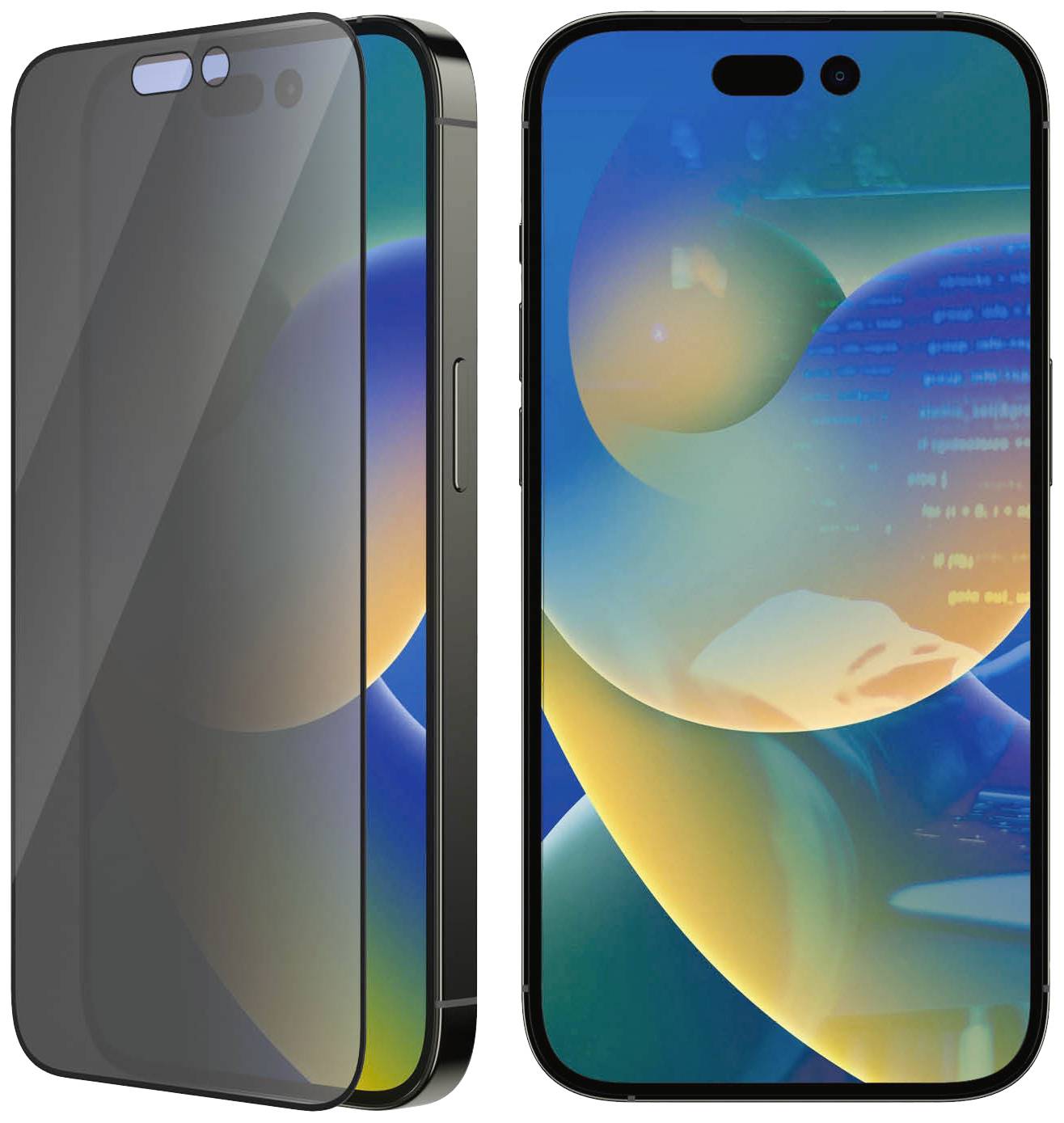 Smartphone mit abgerundeten Kanten, schwarzem Gehäuse und farbenfrohem Hintergrund auf dem Bildschirm. Bildschirmfolie daneben angezeigt.