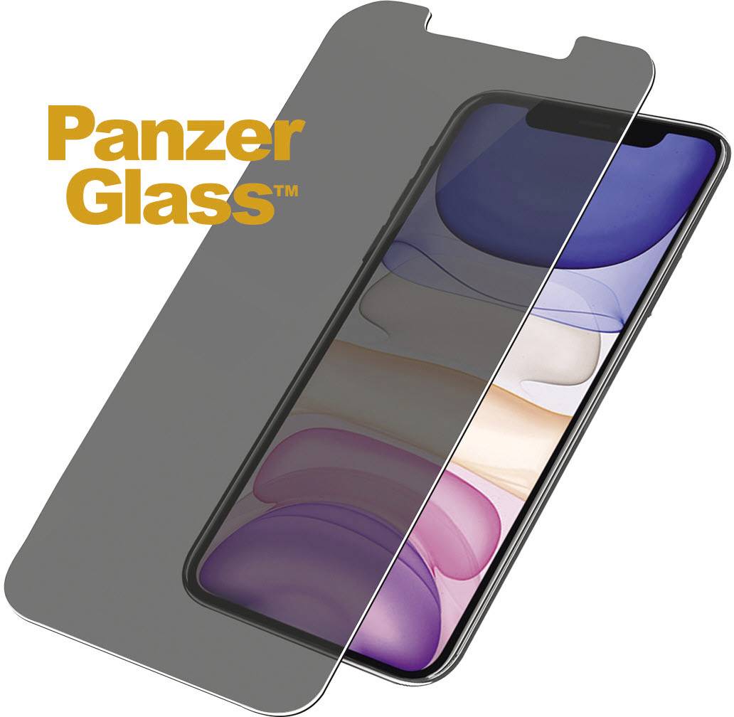 'PanzerGlass' Displayschutzfolie schützt die Vorderseite eines Smartphones, das schematisch dargestellt wird, mit einem schwarzen Design.