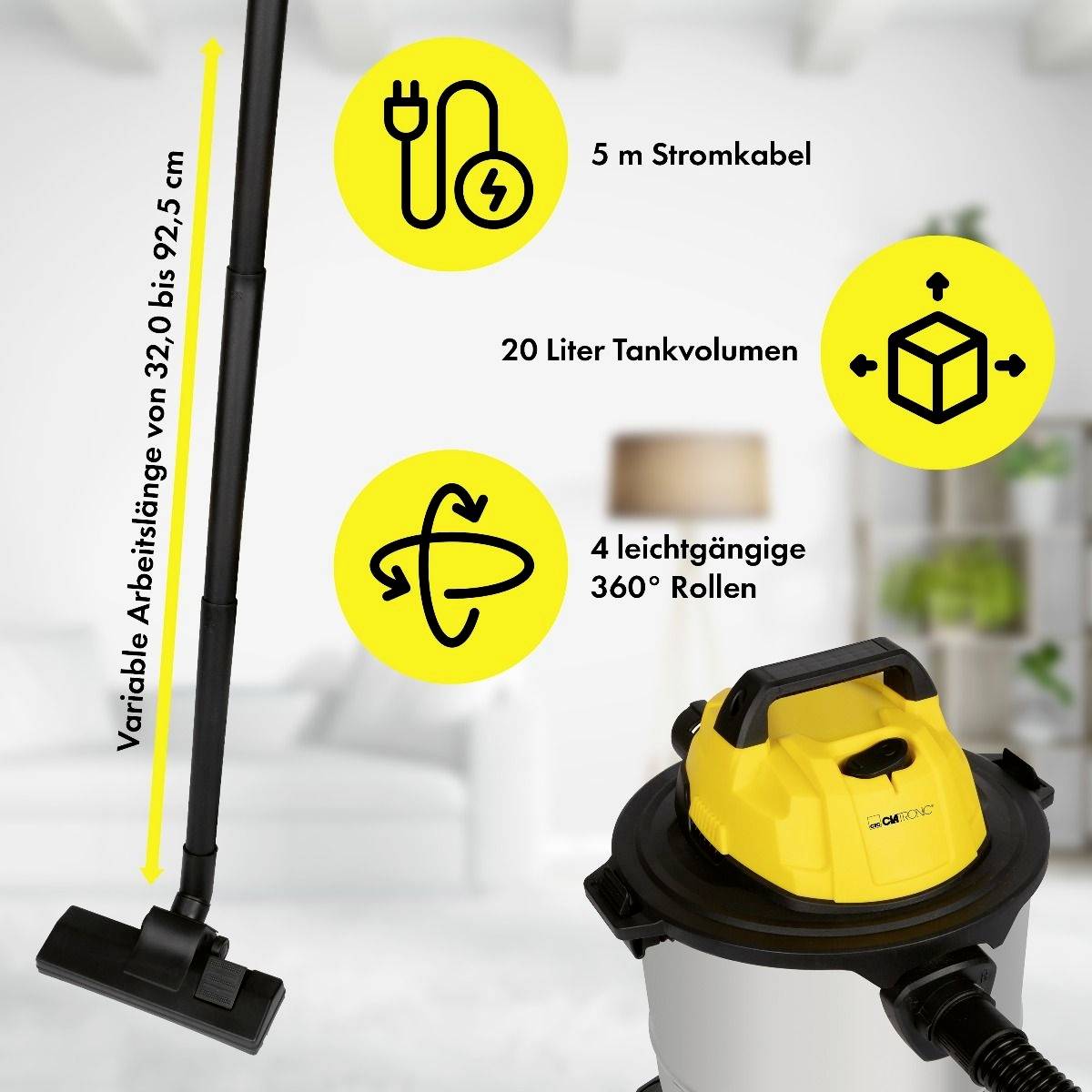 Staubsauger mit variablem Arbeitsbereich von 32 bis 92,5 cm, 20-Liter-Tank, leichtgängigen Rollen und 5 m Stromkabel im Wohnzimmer.