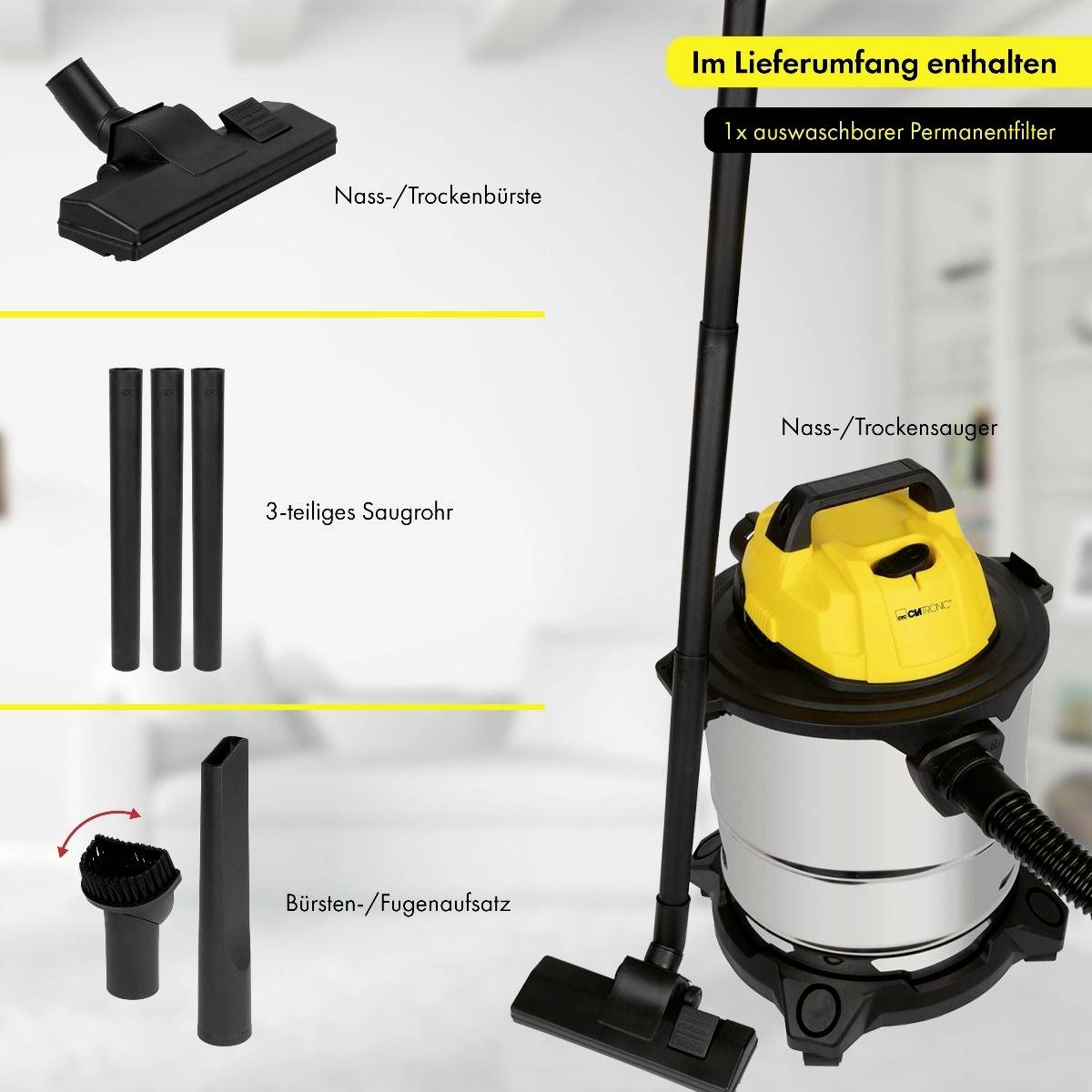 Nass-/Trockensauger mit Zubehör: Nass-/Trockenbürste, 3-teiliges Saugrohr, Bürsten-/Fugenaufsatz. Ein waschbarer Permanentfilter enthalten.