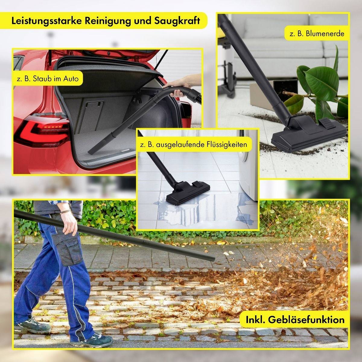 Ein Staubsauger mit Zubehör saugt Blätter im Freien, reinigt Blumentöpfe und ein Auto. Text betont Leistungsstärke und Gebläsefunktion.