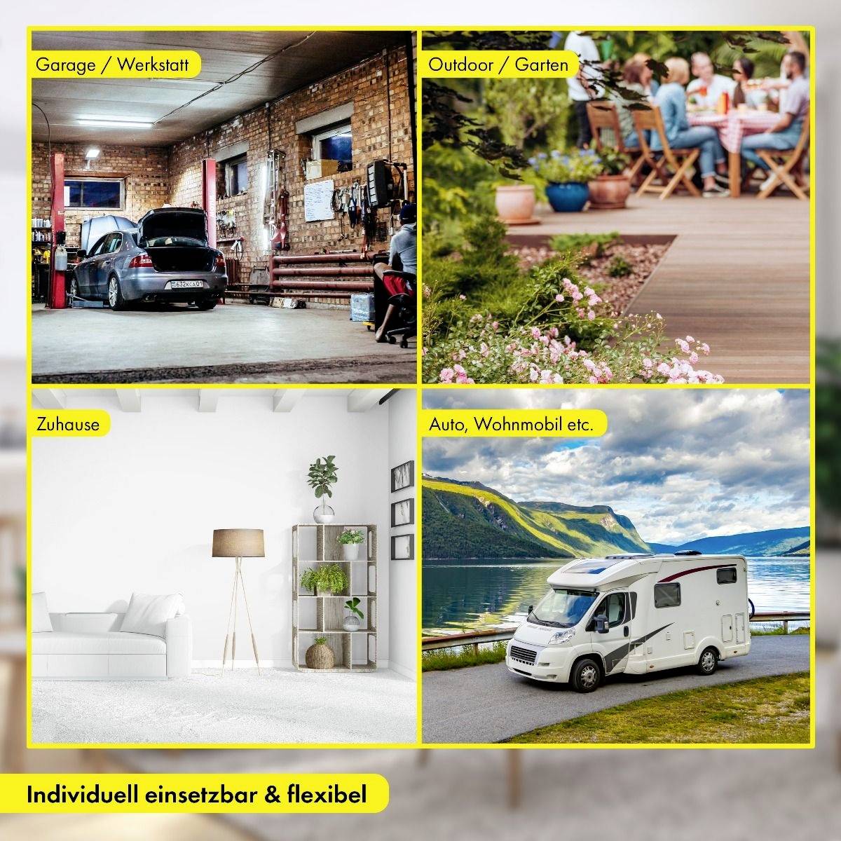 Vier Bilder mit verschiedenen Anwendungen für LED-Leuchten: Garage, Garten, Zuhause und Wohnmobil. Text: 'Individuell einsetzbar & flexibel'.