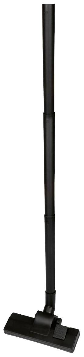 Ein schwarzer Staubsauger mit einem schlanken, einstellbaren Stiel steht aufrecht, ohne sichtbaren Hintergrund oder Dekoration.