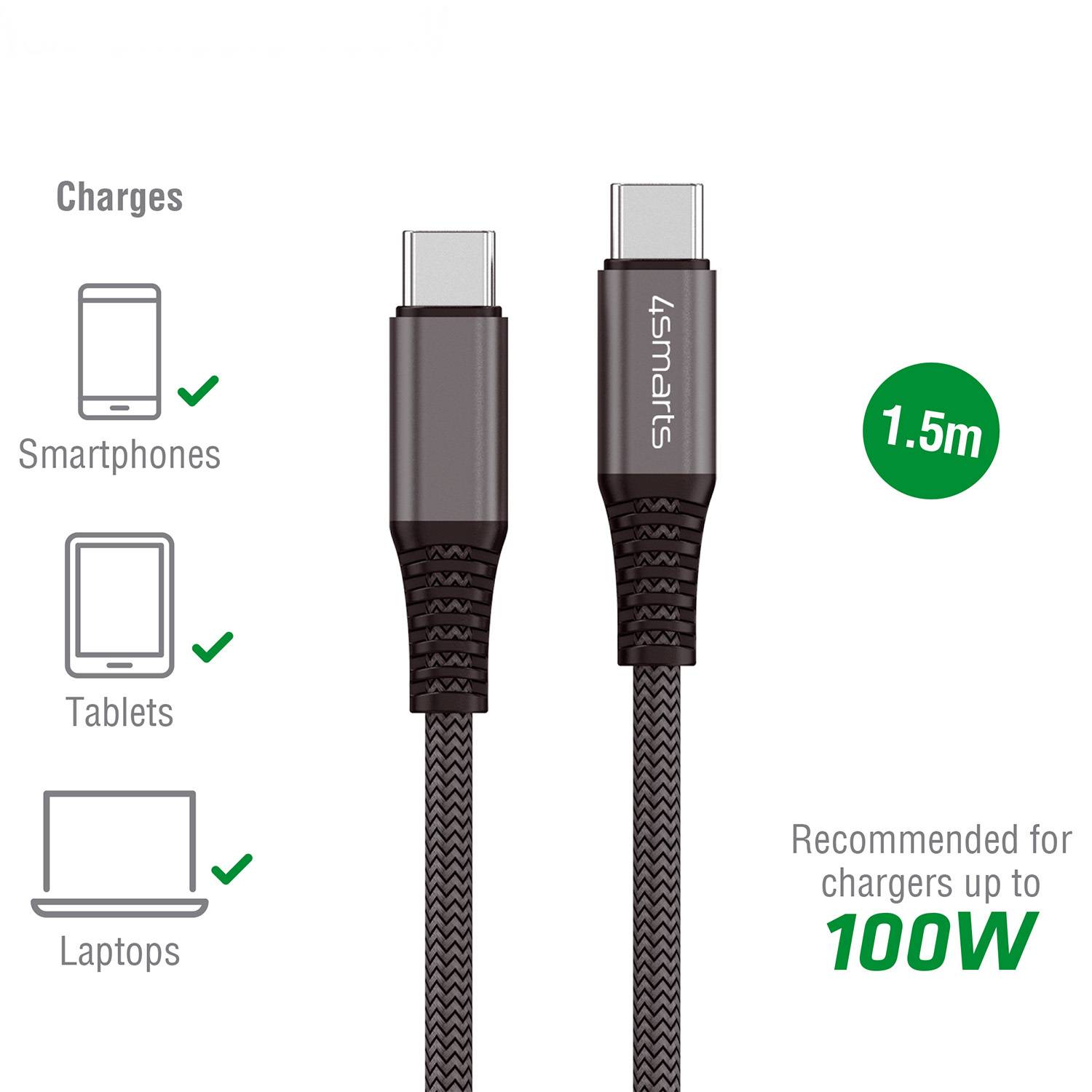 Ladegerät-Kabel mit zwei Anschlüssen, geeignet für Smartphones, Tablets und Laptops. Empfohlen für Ladegeräte bis zu 100W, Länge 1,5m.