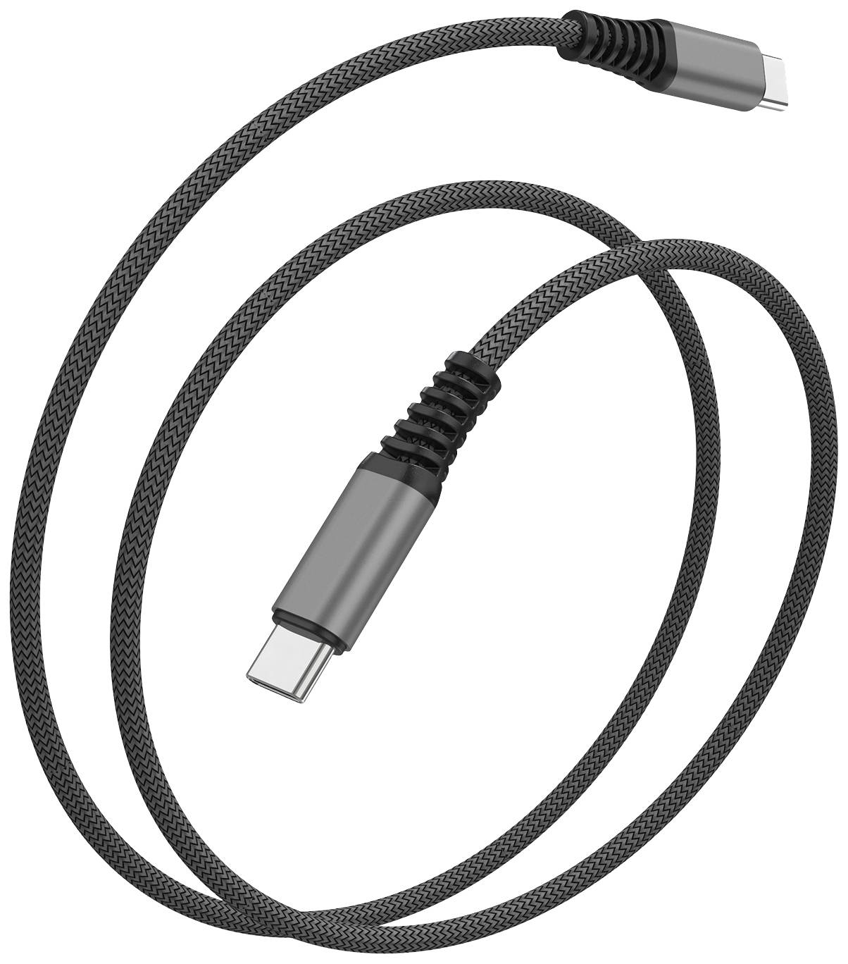 Schwarzes USB-C-Kabel mit Metallsteckern, geeignet zum Laden und Datentransfer für elektronische Geräte.