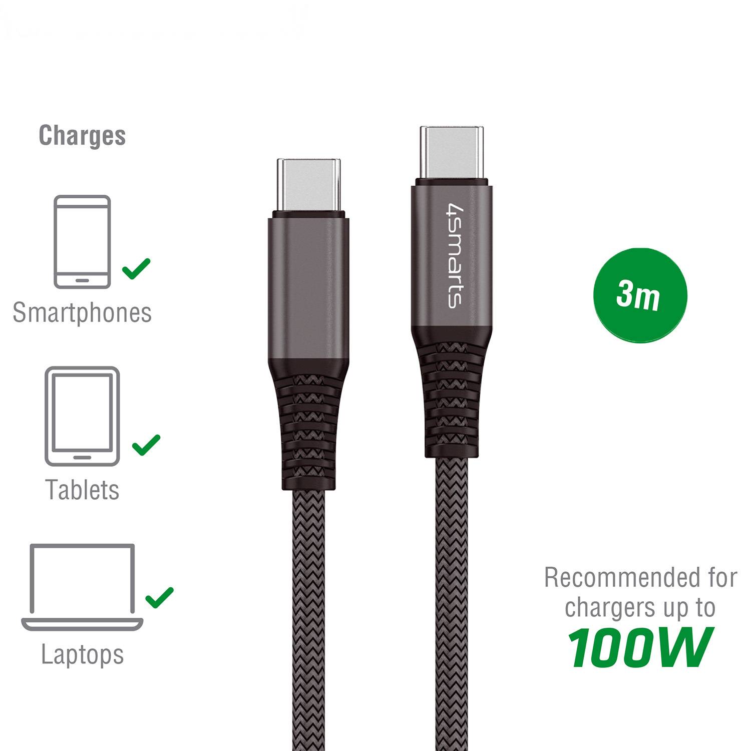 4Smarts PremiumCord 100W Handy, Notebook Kabel [1x USB-C® - 1x USB-C®] 3 m Schwarz, Grau