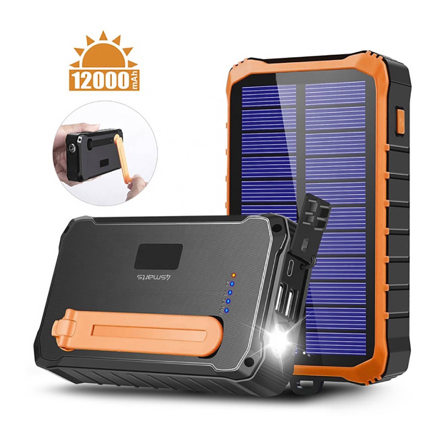 4Smarts Prepper Solar Powerbank 12000 mAh Li-Ion Schwarz, Orange LED Taschenlampe, Outdoor