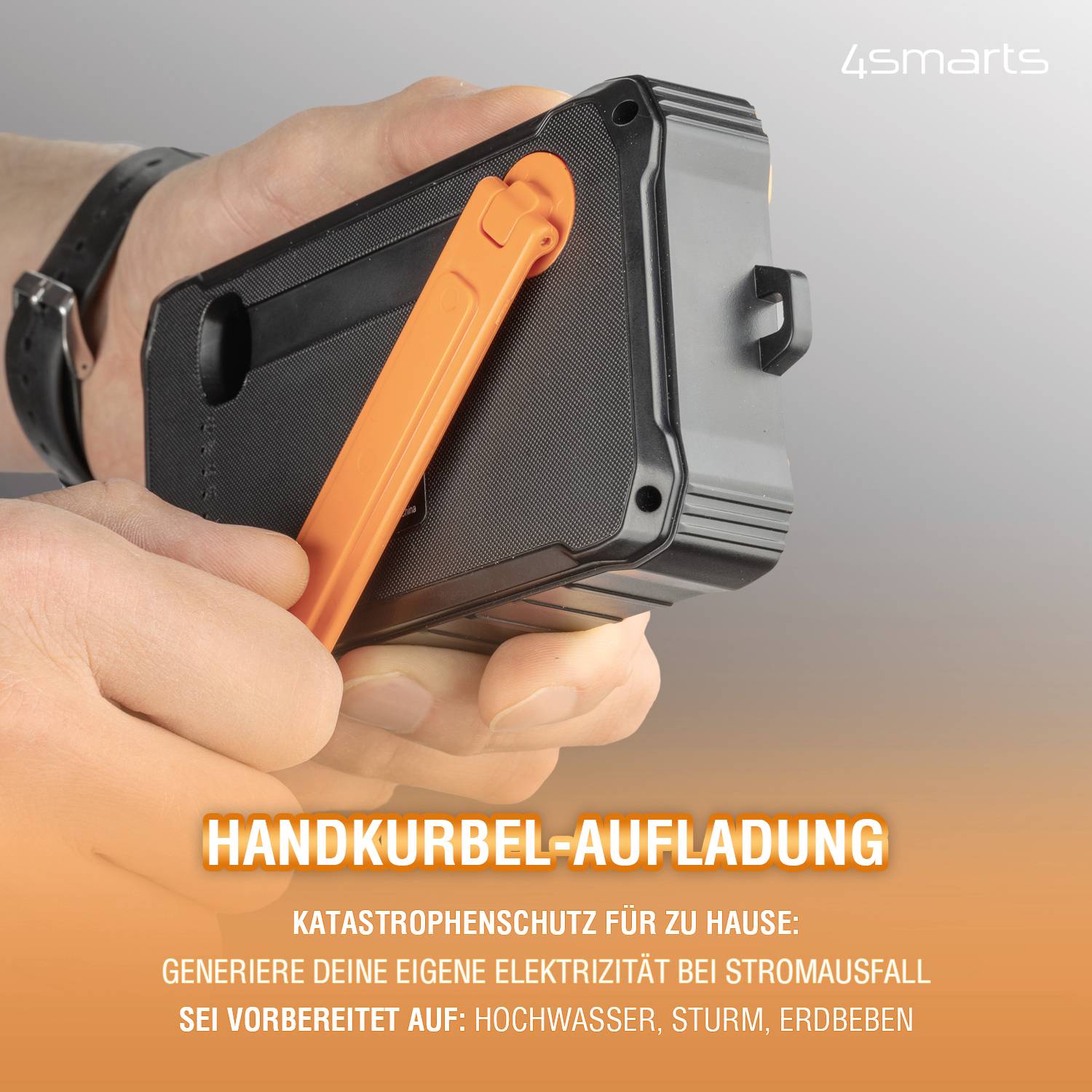 4Smarts Prepper Solar Powerbank 12000 mAh Li-Ion Schwarz, Orange LED Taschenlampe, Outdoor