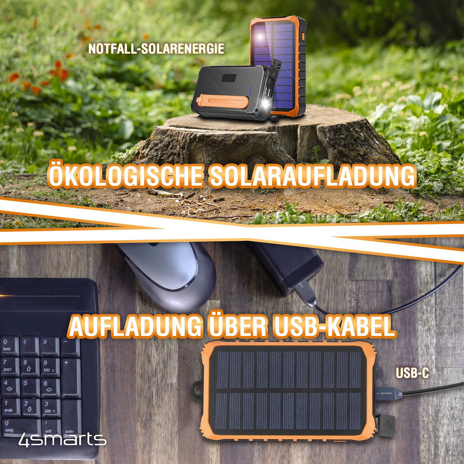 4Smarts Prepper Solar Powerbank 12000 mAh Li-Ion Schwarz, Orange LED Taschenlampe, Outdoor