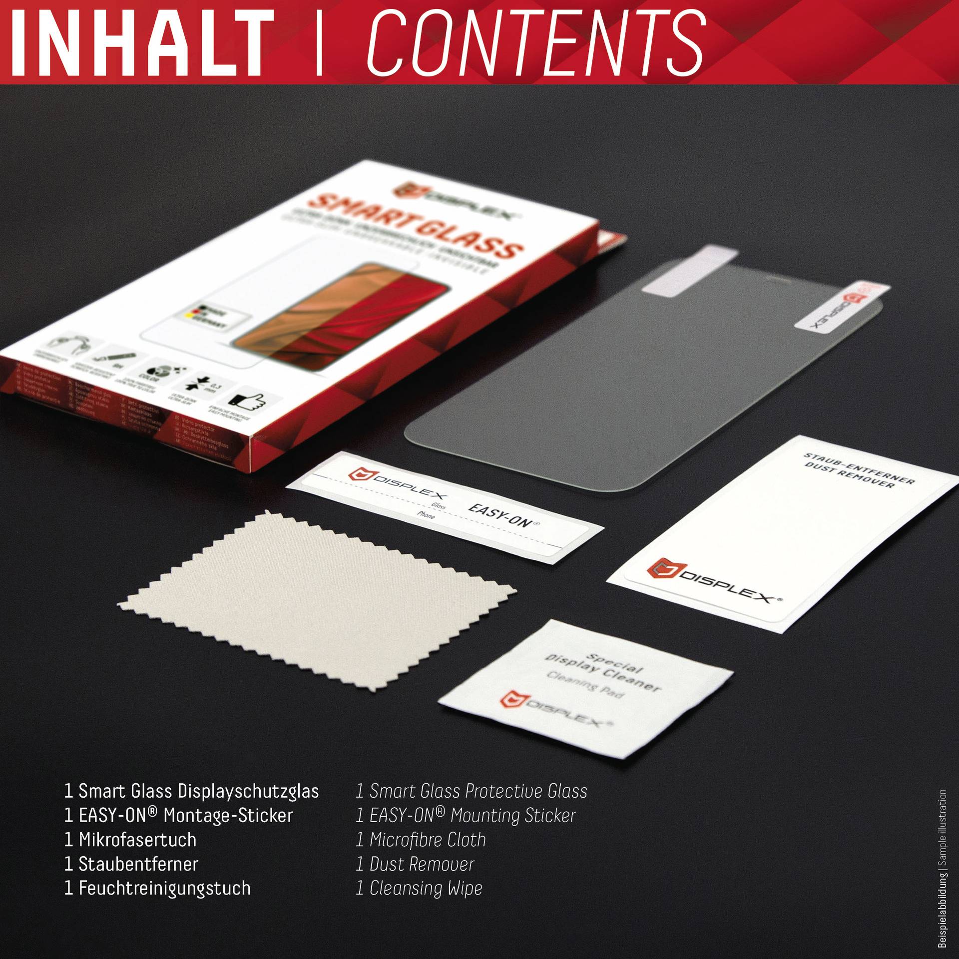 'INHALT | CONTENTS'. Der Inhalt besteht aus einer Smart Glass Displayschutzfolie, Montage-Sticker, Mikrofasertuch, Staubentferner und Reinigungsanleitung.