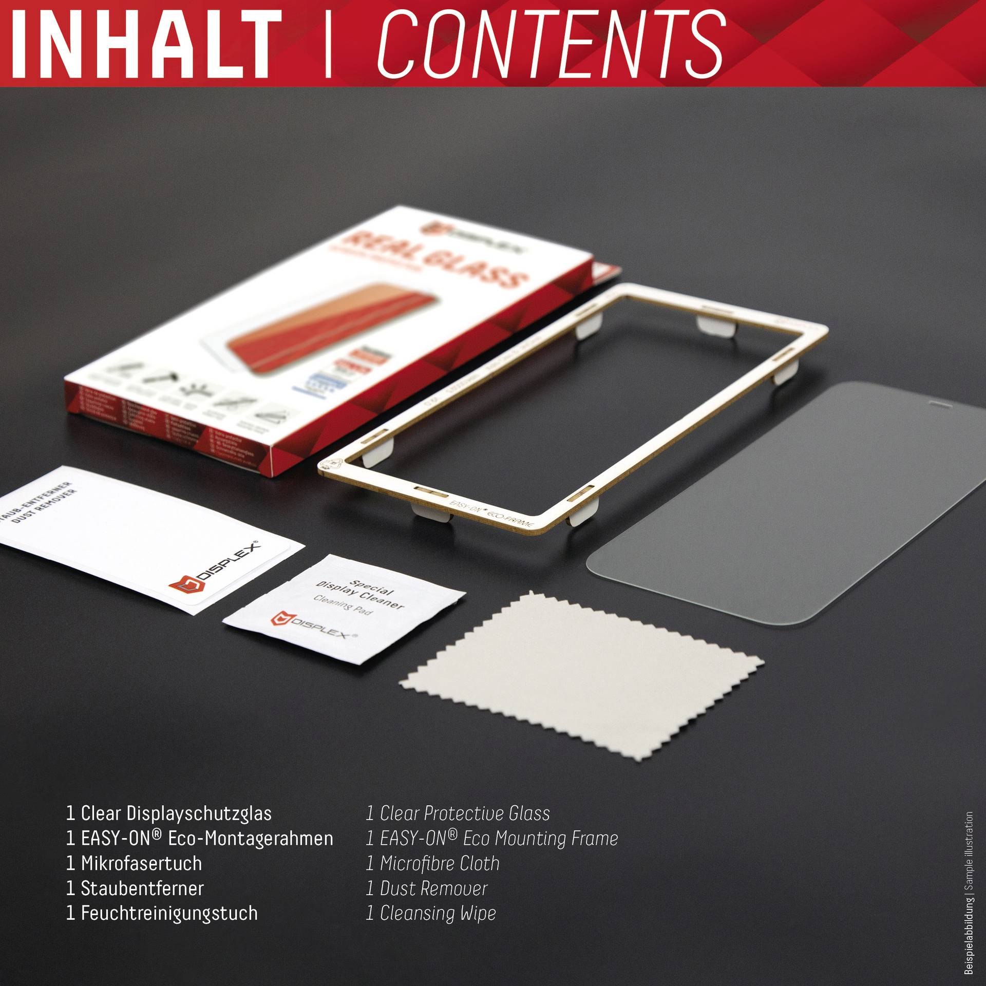 'Inhalt' eines Glas-Schutzfolien-Sets: Displayschutzglas, EASY-ON-Montagerahmen, Mikrofaser-Reinigungstuch und Anleitung.
