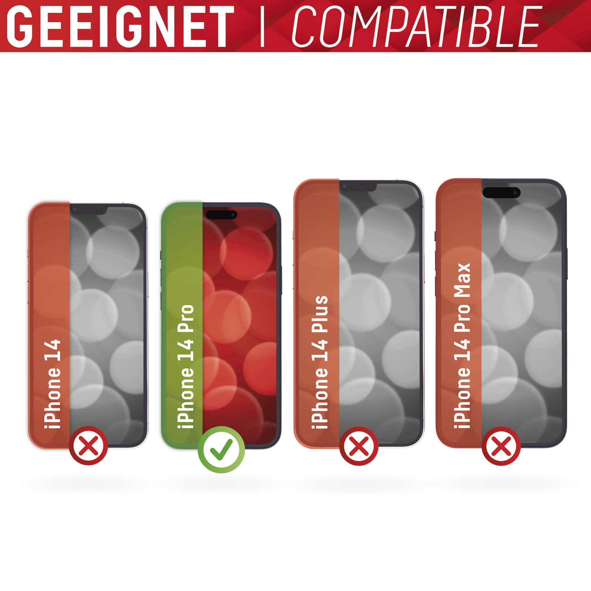 'Geeignet' erscheint oben auf einem roten Balken. Ein Häkchen markiert 'iPhone 14 Pro' als kompatibel, Kreuzzeichen bei anderen Modellen.