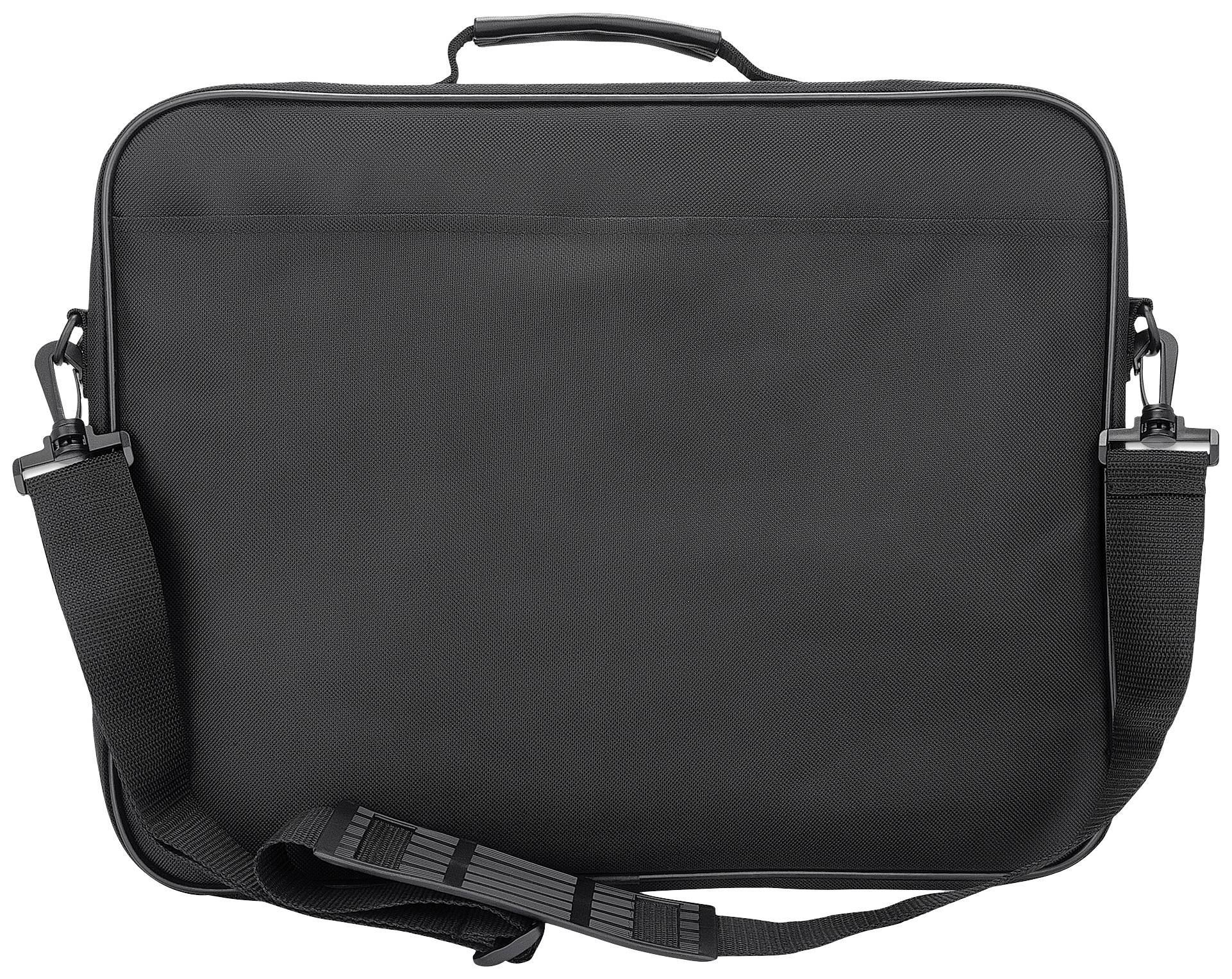 Schwarze Laptop-Tasche mit Tragegriff und abnehmbarem Schulterriemen, einfache, schlichte Gestaltung.