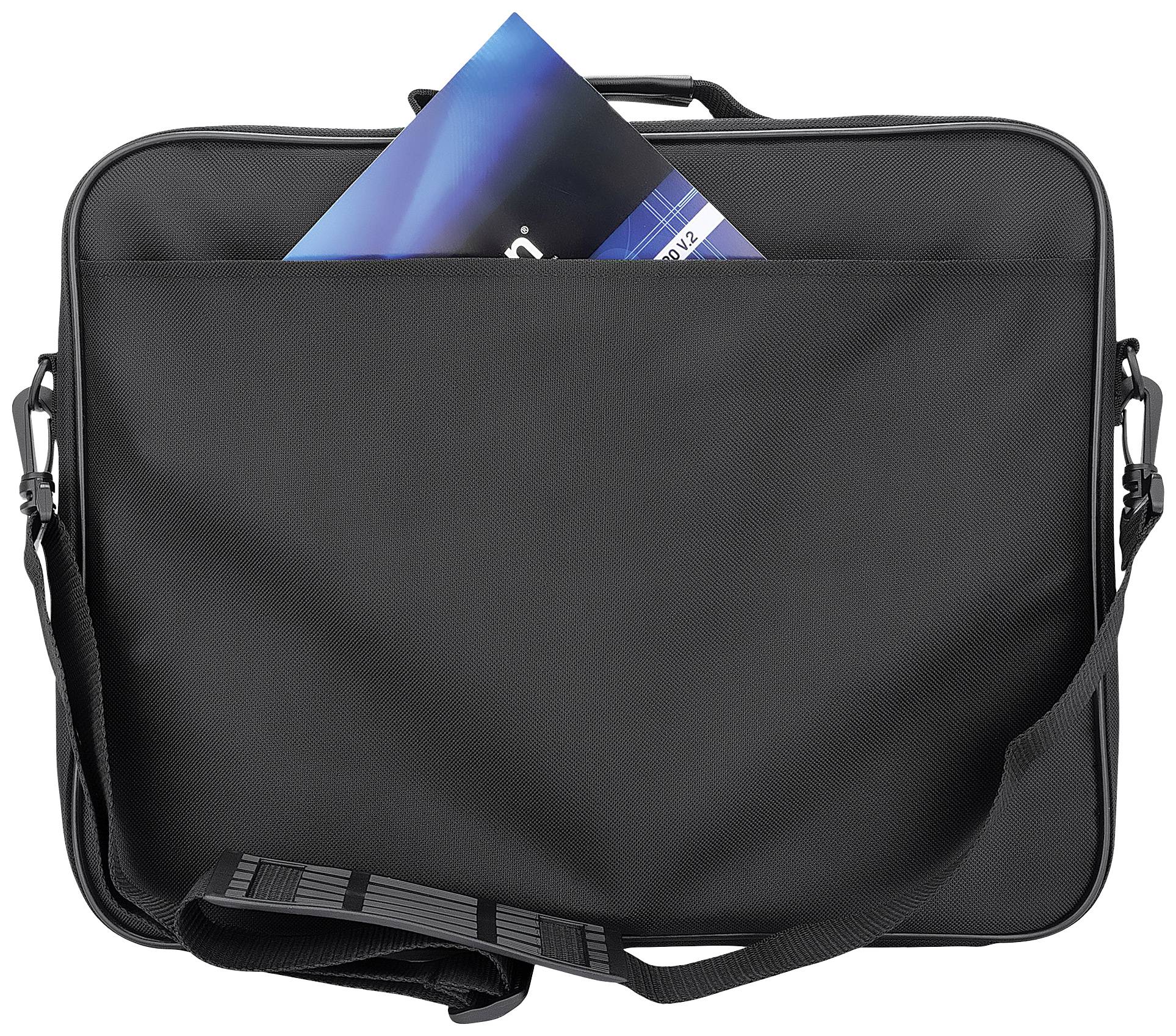 Eine schwarze Umhängetasche mit vorderem Fach trägt eine Broschüre.