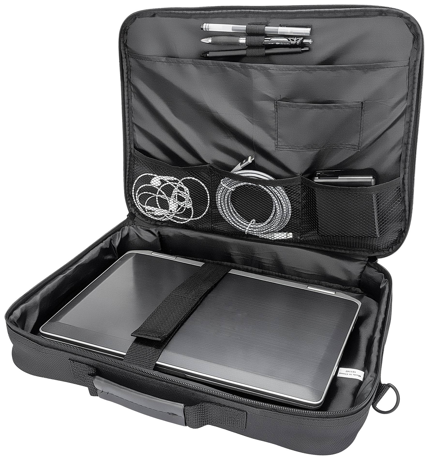 Offene schwarze Laptoptasche mit Fächern; ein Laptop ist im Hauptfach gesichert. Kabel, Stifte und Kleinteile sind gut organisiert.
