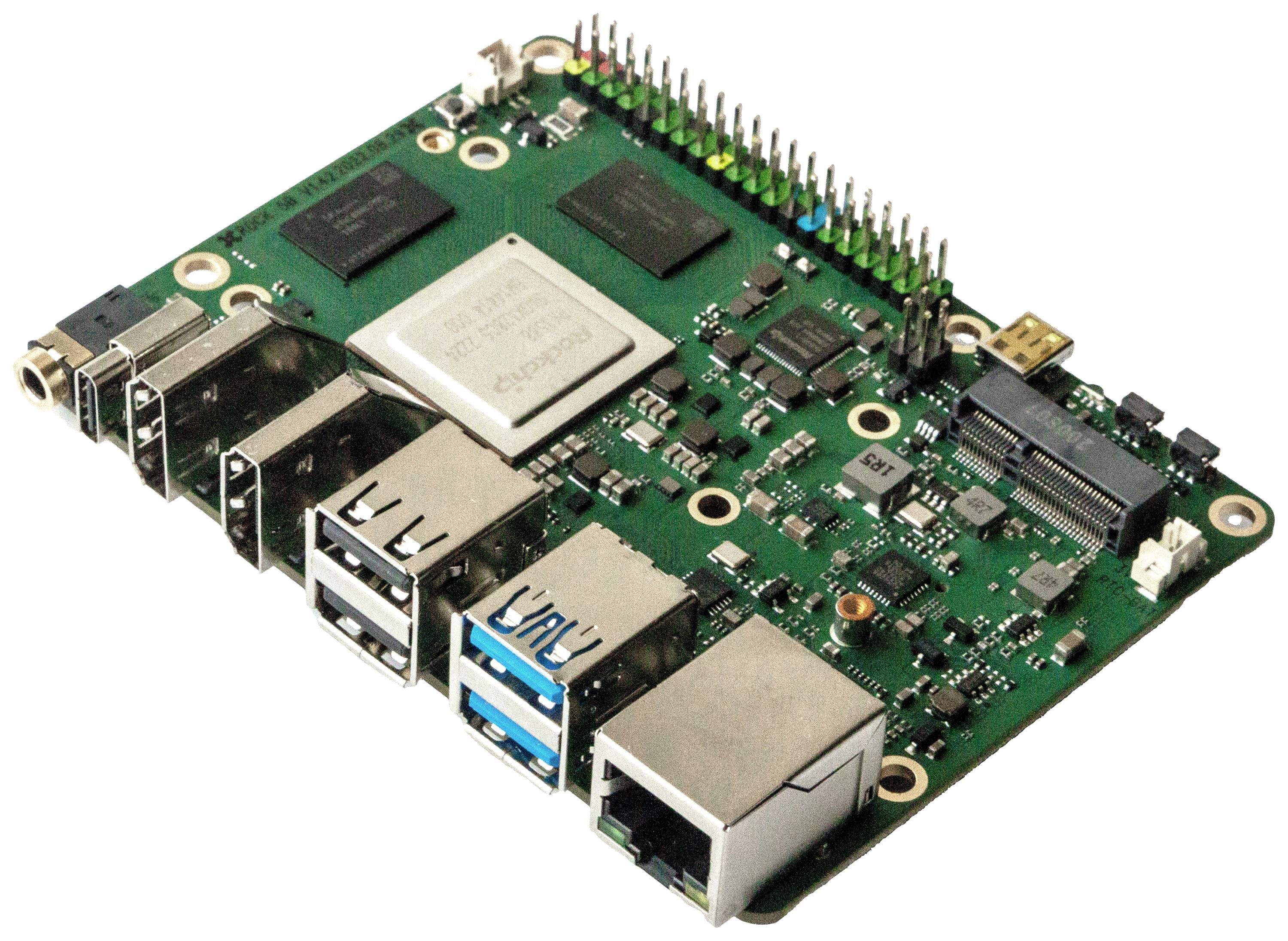 Ein grünes Computer-Board mit mehreren USB- und Netzwerkanschlüssen sowie elektronischen Bauteilen auf der Oberseite.
