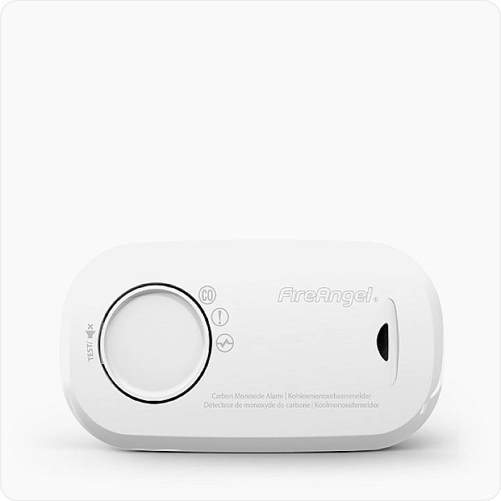 Kohlenmonoxidmelder FireAngel mit Testknopf und LED-Statusanzeigen. Gerät zur Warnung vor gefährlicher Kohlenmonoxidkonzentration.