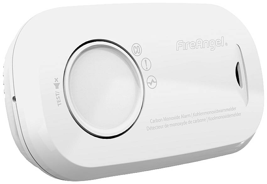 Kohlenmonoxid-Detektor mit Testknopf und LED-Anzeige. Markenname 'FireAngel' an der Oberseite.