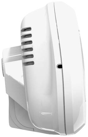 Ein weißes elektronisches Gerät mit Lufteinlässen an der Seite, montiert auf einer Halterung, vermutlich ein Luftreiniger oder Ventilator.
