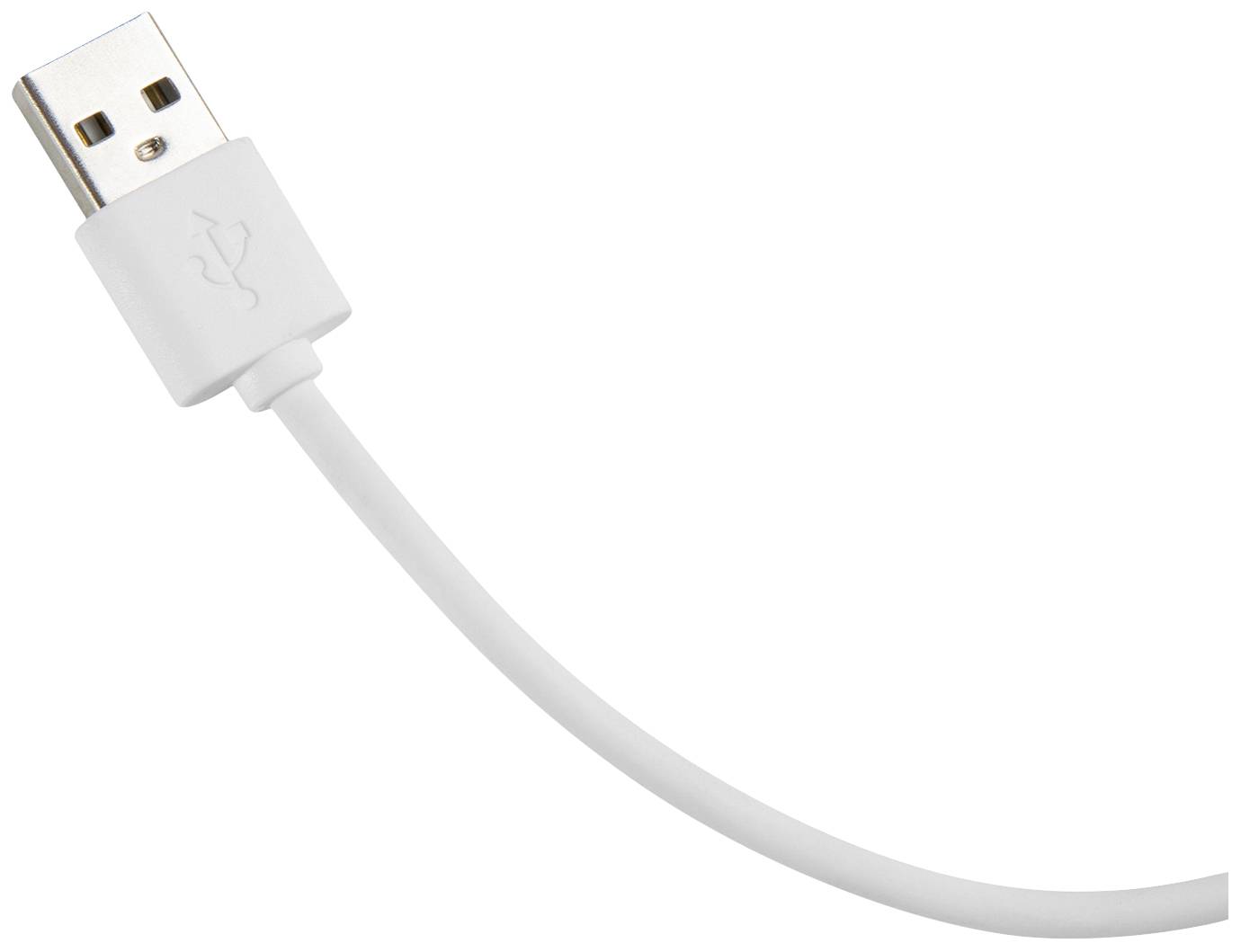 Ein weißes USB-Kabel mit Stecker, auf weißem Hintergrund. Der Stecker zeigt nach oben, das Kabel ist leicht gebogen.