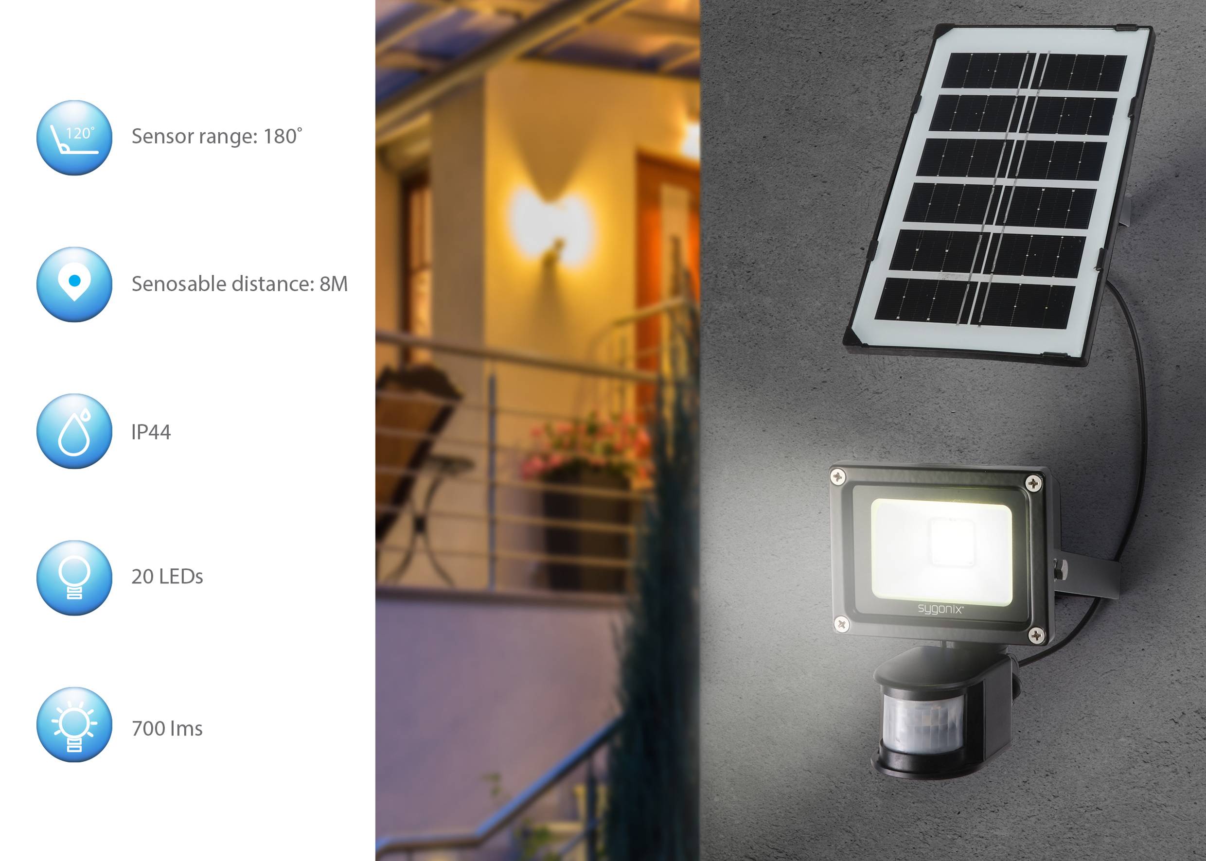 Bewegungsmelder mit Solarpanel und 20 LEDs beleuchtet nachts einen Hauseingang. Reichweite: 180 Grad, Abstand: 8m, Helligkeit: 700 Lumen.