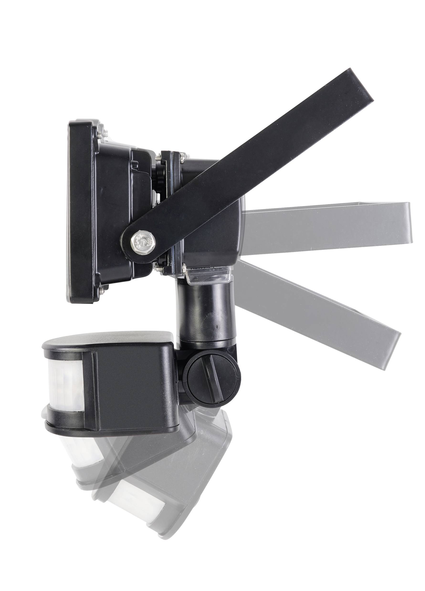 Seitliche Nahaufnahme eines verstellbaren schwarzen Wandstrahlers mit Bewegungssensor vor weißem Hintergrund.