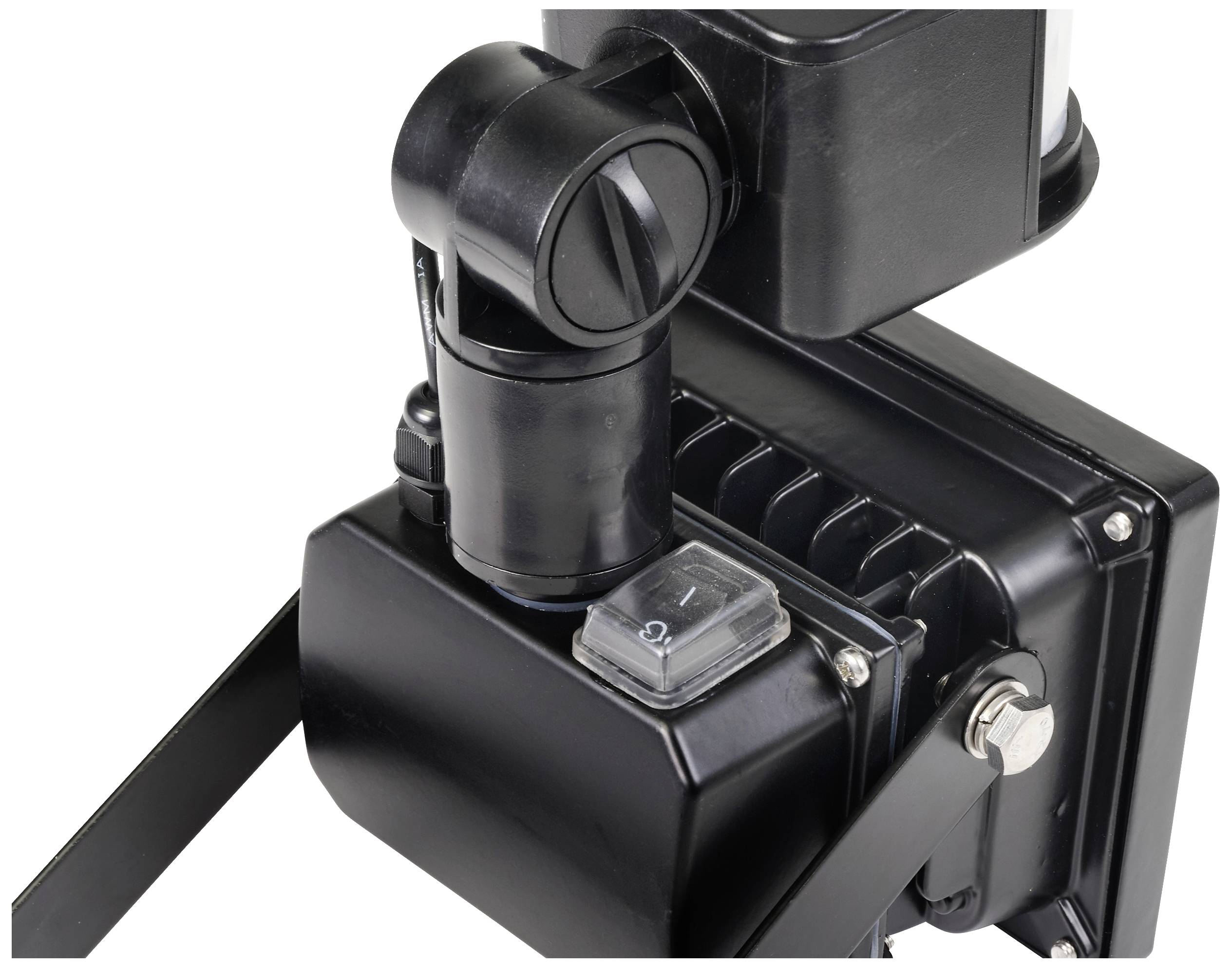 Ein schwarzer, moderner Strahler mit verstellbarem Gelenk, geeignet zur Ausleuchtung von Außenbereichen.