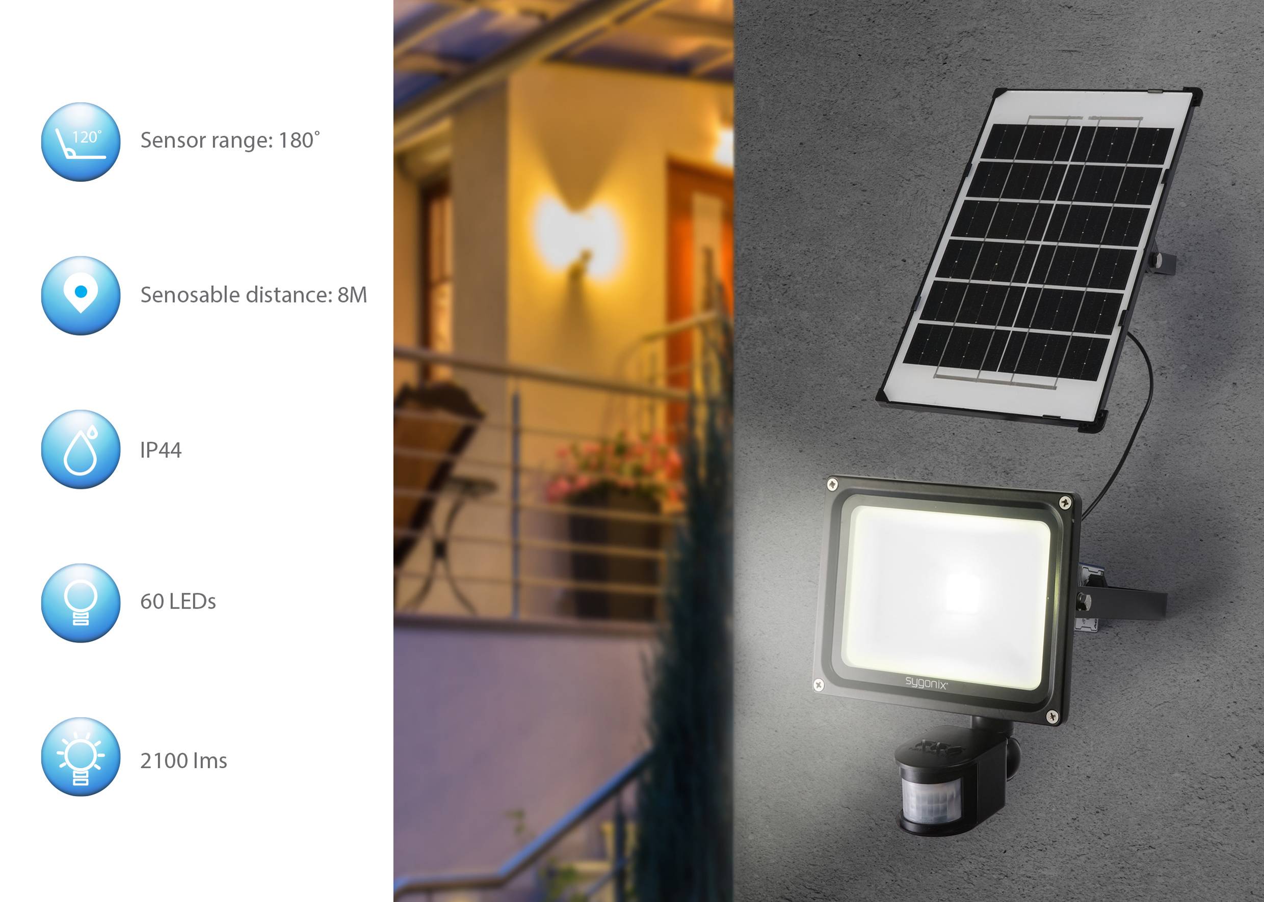 Eine LED-Solarlampe mit 60 LEDs, 2100 Lumen und einem Sensorbereich von 180°, angeleuchtet. Eigenschaften: IP44, Reichweite 8 m.