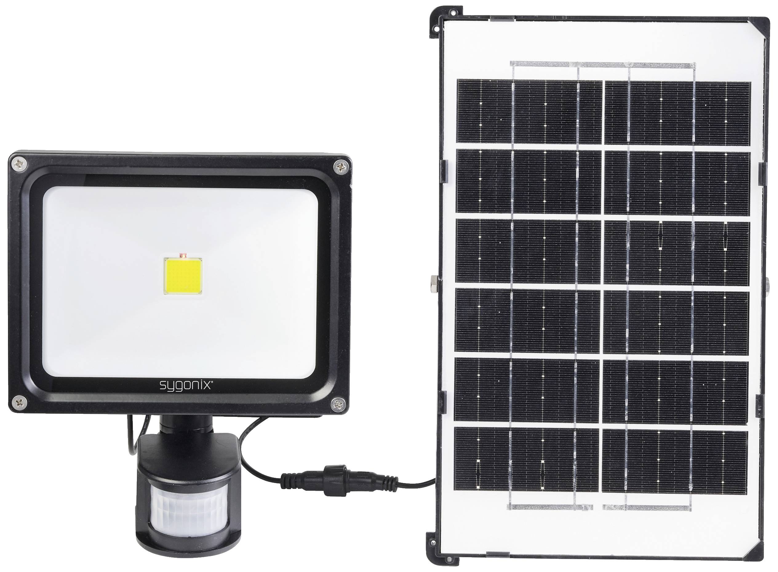 LED-Strahler mit Solarpanel. Der Strahler hat einen Bewegungsmelder, verbunden durch ein Kabel mit dem rechteckigen Solarpanel.