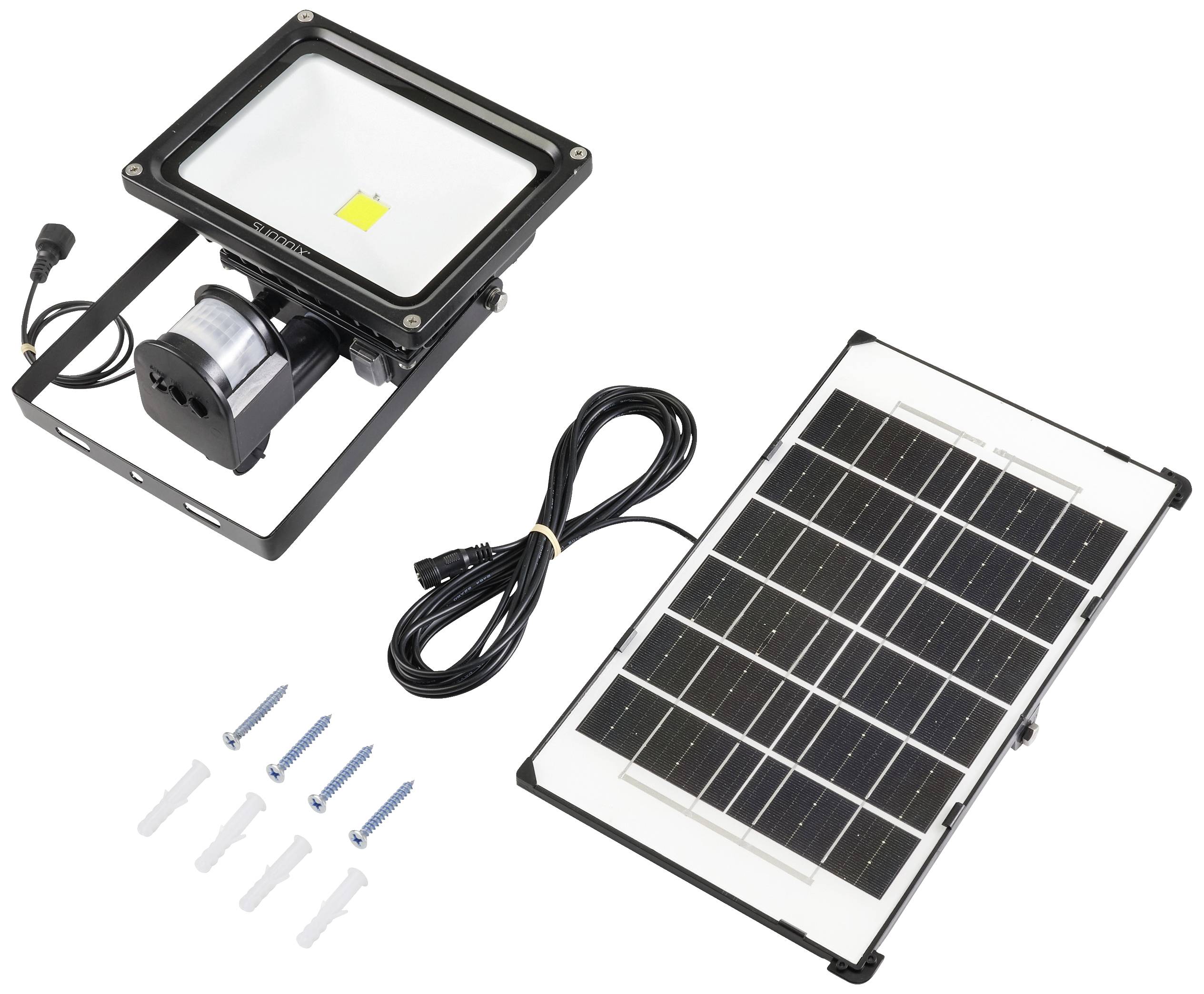 Solarlampe mit separatem Solarpanel, Montagematerial und Kabel. Geeignet für Außenbeleuchtung, umweltfreundlich und energieeffizient.