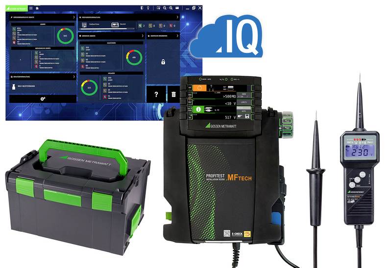 'Nutzeroberfläche des Energiemanagementsystems', 'IQ-Logo', und Messgeräte. Hauptbild zeigt Steuergerät mit LED-Anzeigen.