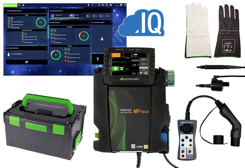 Das Bild zeigt ein Prüfgerät für elektrische Sicherheitsmessungen mit Zubehör, ein Bildschirm mit Softwareinterface und ein IQ-Cloud-Logo.