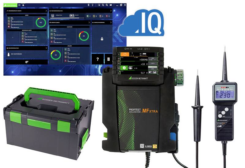 'IQ Service Prüfgerät' mit digitalem Display und Zubehör. Box zur Aufbewahrung mit grünen Akzenten.
