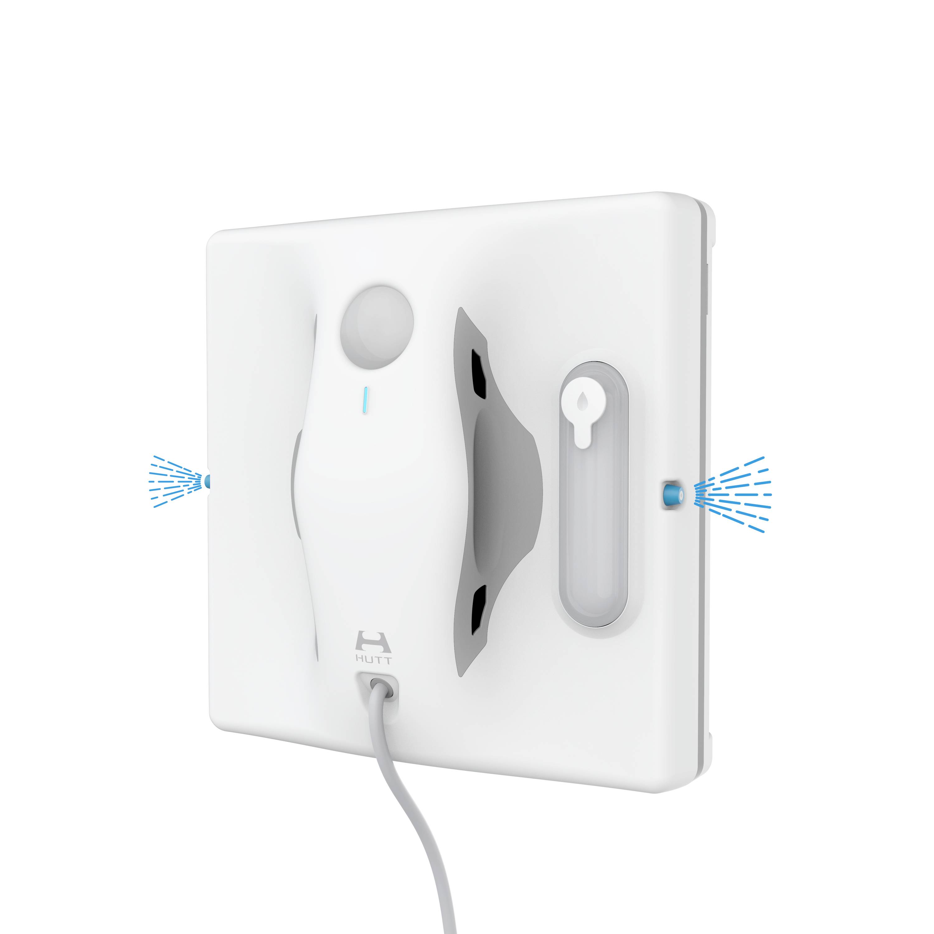 Roboter-Fensterputzer mit Kabel. Der Roboter hat eine weiße Oberfläche und ist rechteckig. Blaue Pfeile zeigen Luftstromrichtung an.